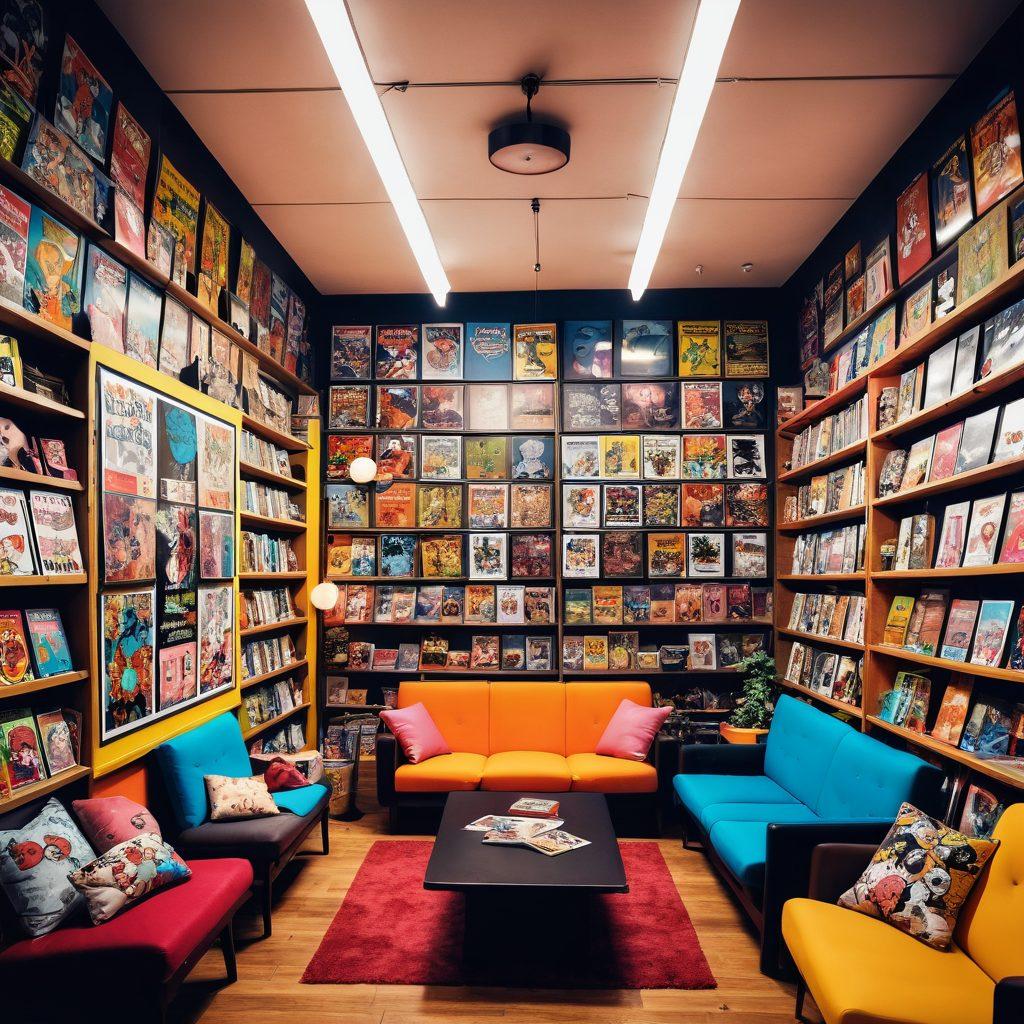 A whimsical and vibrant scene depicting a colorful comic book store filled with adult anime and hentai comics. Showcase playful characters with exaggerated expressions, transitioning from giggles to gags in various frames, surrounded by vibrant posters and manga covers. Incorporate a cozy reading nook with plush cushions and quirky decorations that evoke a sense of joy and humor. Emphasize a lively atmosphere with bright colors and dynamic action lines. super-realistic. vibrant colors. cartoon style.